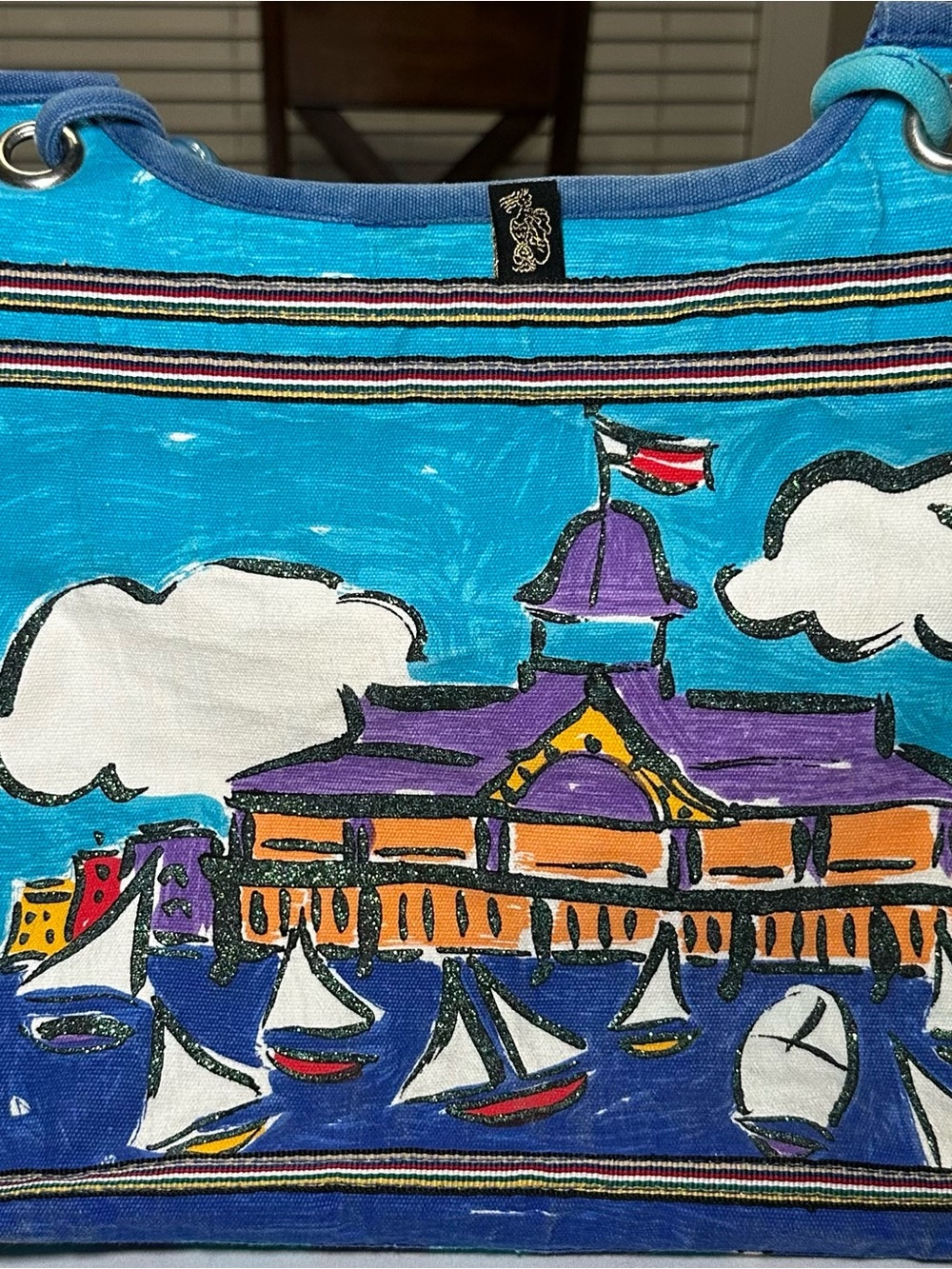 Vintage Sally Huss Canvas Beach Tote Bag Sailboats Harbor Resort Zipper Top Art